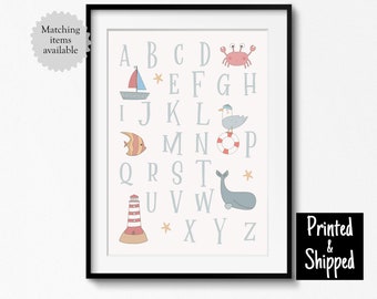 Cute Nautical Nursery Alphabet Print Seaside Themed ABC Kids Poster Toddler Bedroom Childrens Playroom Wall Art 8x10 11x14 A4 A3 30x40