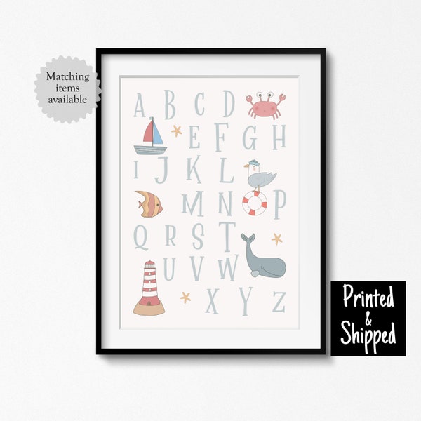 Cute Nautical Nursery Alphabet Print Seaside Themed ABC Kids Poster Toddler Bedroom Childrens Playroom Wall Art 8x10 11x14 A4 A3 30x40