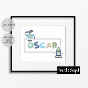 Póster de pared con nombre de robot personalizado para habitación de niños, diseño de pared azul, verde, tostado, azul marino, 5 x 7, 6 x 8, 8 x 10, A4, 11 x 14, A3, 30 x 40 cm