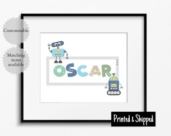 Personalised Robot Name Print Cute Boys Nursery Wall Art Poster Blue Green Tan Navy 5x7 6x8 8x10 A4 11x14 A3 30x40cm