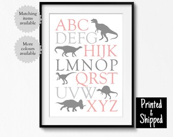 Girls Dinosaur Alphabet Print Pink Grey Poster Bedroom Playroom Nursery Wall Art Kids Toddler Childs Childrens Decor 8x10 A4 11x14 A3 30x40