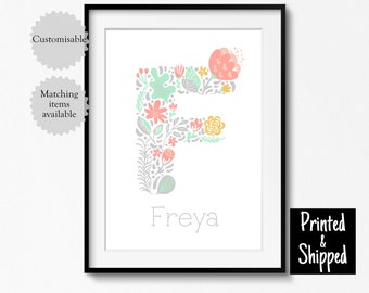 Scandi Floral Name Print Pretty Girls Initial Art Blush Pink Peach Mint Grey Gray Gold 5x5 5x7 6x8 7x7 8x6 8x10 A4 11x14 A3 12x12 30x40cm