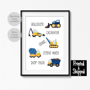 Impresión artística de vehículos de construcción azules, lindo póster de excavadora para niños pequeños, arte de pared para guardería de niños grandes, habitación de niños pequeños, 5 x 7, 6 x 8, 8 x 10, 11 x 14, A4, A3, 30 x 40 cm