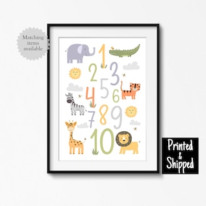 Impresión de números de animales de safari, decoración infantil neutra bonita, póster de conteo para niños, arte de pared para niños pequeños, sala de juegos para niños, 8 x 10 A4, 11 x 14 A3, 30 x 40 cm