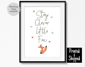 Stay Clever Little Fox Print, Forest Nursery Decor, Mint Orange Neutral Wall Art, Cute Boy Girl Kids Poster 5x7 6x8 8x10 A4 11x14 A3 30x40