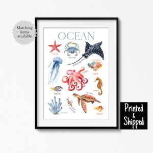 Póster con estampado de animales marinos y arte del océano, acuarela colorida, decoración de pared para guardería, niños, niñas y bebés, 5 x 7, 6 x 8, 8 x 10, 11 x 14, A4, A3, 30 x 40