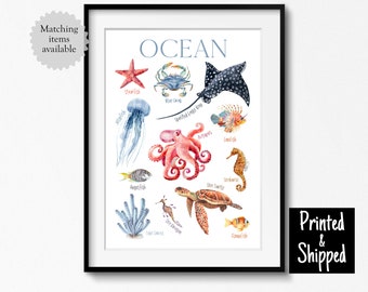 Ocean Art Print Sea Animal Poster Colourful Watercolour Nursery Wall Art Decor Childrens Kids Boys Girls Baby 5x7 6x8 8x10 11x14 A4 A3 30x40