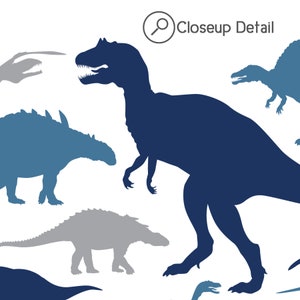 May include: Silhouettes of various dinosaurs in blue and gray colors against a white background. The dinosaurs are facing different directions and some are partially visible. The text "Closeup Detail" is visible in the upper right corner of the image.