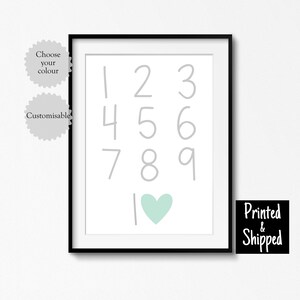 Stampa personalizzata con numeri a forma di cuore, colore personalizzato, carina sala giochi, cameretta dei bambini, arte murale per ragazzi e ragazze, cameretta per bambini piccoli, 8x10 A4, 11x14 A3, 30x40