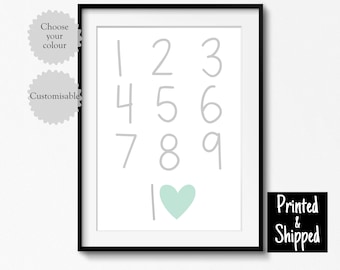 Personalised Heart Numbers Print Custom Colour Cute Playroom Nursery Bedroom Wall Art Boys Girls Kids Toddler Room 8x10 A4 11x14 A3 30x40