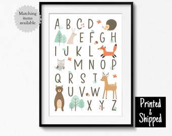 Woodland Alphabet Print Forest Animal ABC Boy Girl Kids Toddler Neutral Mint Wall Decor Bedroom Playroom Play Nursery 8x10 A4 11x14 A3 30x40