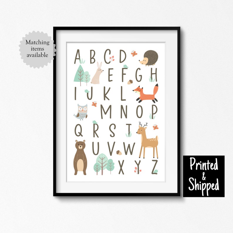 Woodland Alphabet Print Forest Animal ABC Boy Girl Kids Toddler Neutral Mint Wall Decor Bedroom Playroom Play Nursery 8x10 A4 11x14 A3 30x40 image 1