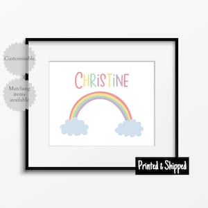 Impresión de nombre de arcoíris personalizada para niñas, arte de pared, decoración de guardería para bebés, dormitorio infantil con temática meteorológica, sala de juegos para niños, póster para niños