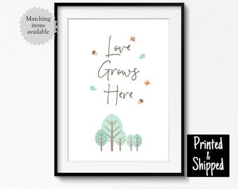 Love Grows Here Art Print Forest Nursery Decor Mint Trees Neutral Wall Art Cute Boy Girl Kids Woods Poster 5x7 6x8 8x10 A4 11x14 A3 30x40cm