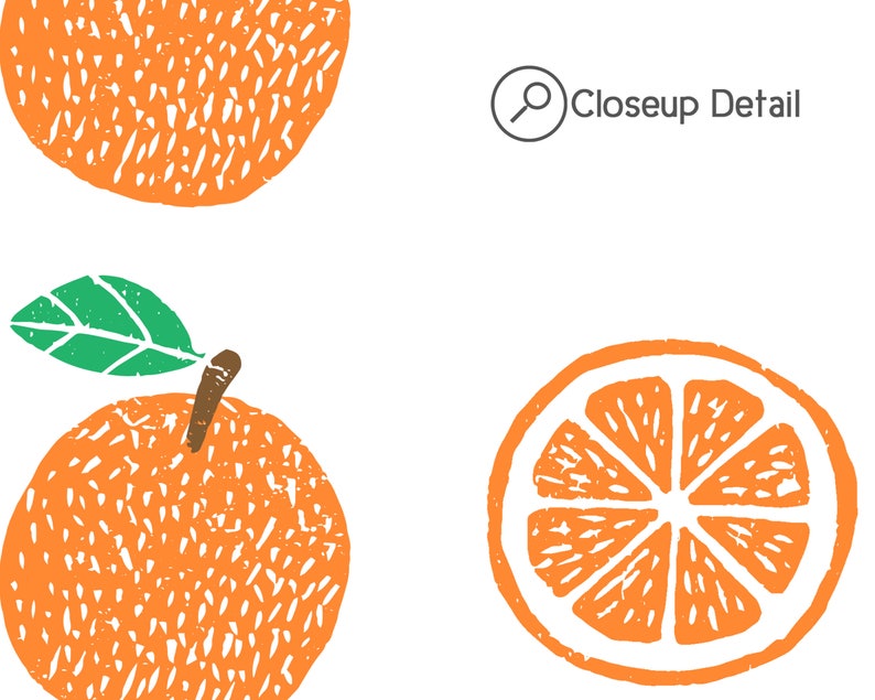 May include: A close-up detail of a stylized orange with a green leaf. The orange is depicted in a textured, hand-drawn style, with a segmented slice of the orange shown below.