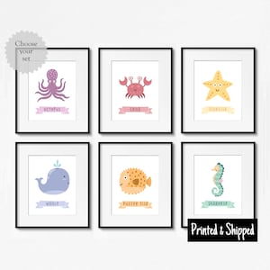 Juego de estampados de animales marinos y oceánicos para niños pequeños, arte de pared para dormitorio, sala de juegos, guardería, 5 x 5, 5 x 7, 7 x 7, 6 x 8, 8 x 10, A4, 11 x 14, A3, 12 x 12, 30 x 40