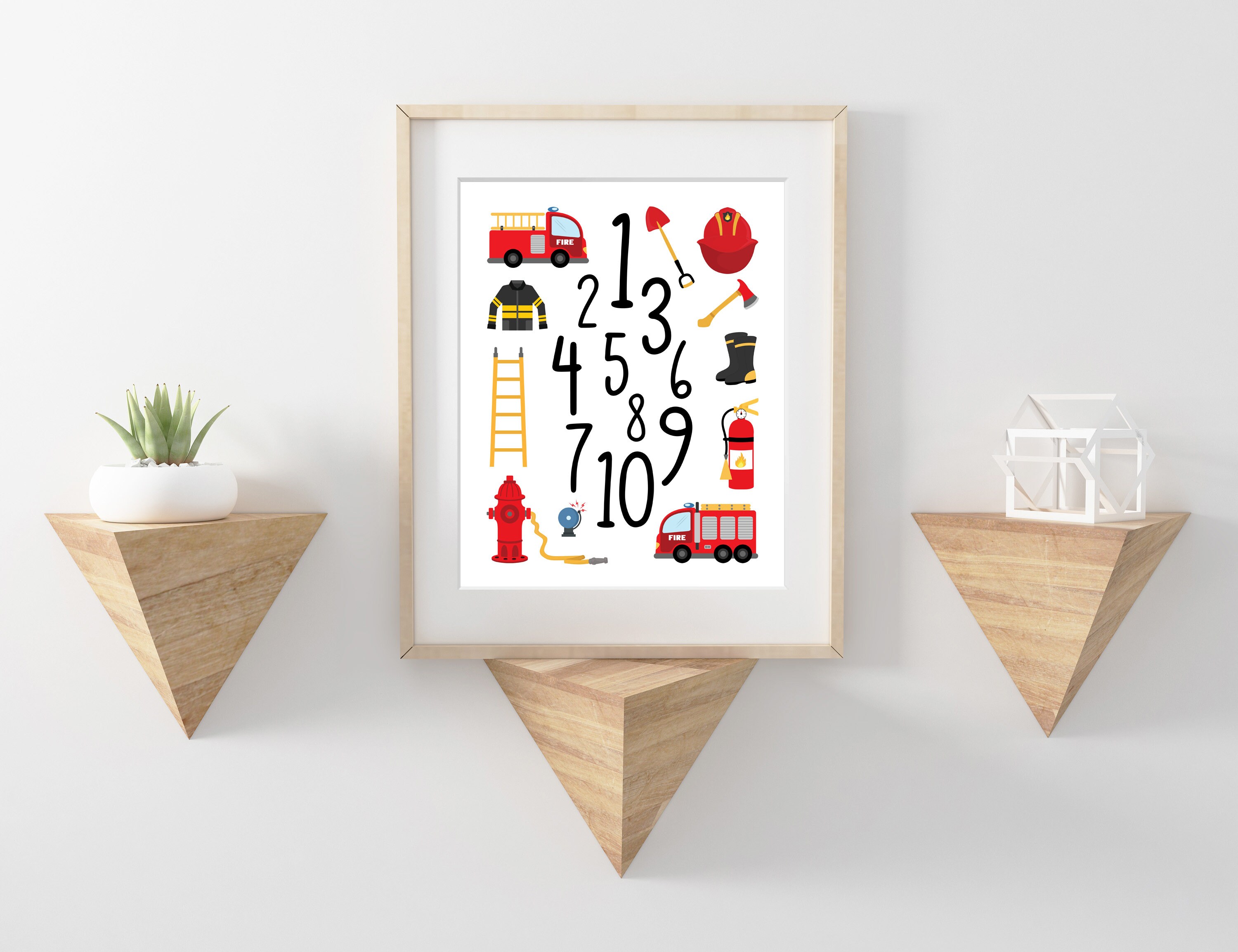 Firefighter Numbers Print Cute Fire Truck Boys Nursery Wall Art Decor ...