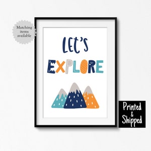 Impresión de montaña escandinava en azul marino, naranja y verde azulado Let's Explore Arte de pared para niños, niñas, niños pequeños, guardería para bebés, 5 x 7, 6 x 8, 8 x 10, A4, 11 x 14, A3, 30 x 40