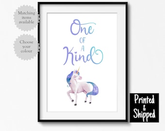 One Of A Kind Unicorn Print Cute Pink Blue Purple Girls Bedroom Wall Art Nursery Gift Toddler Room 5x5 5x7 7x7 6x8 8x10 A4 11x14 A3 30x40