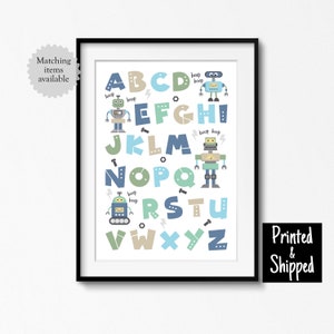 Impresión de alfabeto de robot para decoración de pared de guardería, estilo retro, azul y tostado, para dormitorio de niños, niños pequeños, sala de juegos, 8 x 10 A4, 11 x 14 A3, 30 x 40 cm