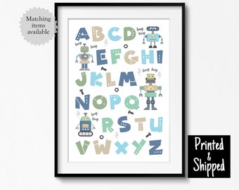 Robot Alphabet Print Nursery Wall Art Decor Retro Blue Tan Boys Nursery Kids Childrens Toddlers Bedroom Playroom 8x10 A4 11x14 A3 30x40cm