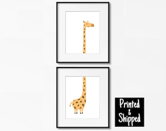Cute Giraffe Set of 2 Prints Sweet Nursery Wall Art Vertical Over Top Bottom Yellow Kids 5x5 5x7 6x8 7x7 8x10 11x14 A4 A3 12x12 30x40