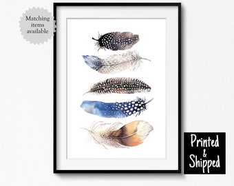 Watercolour Feathers Art Print Blue Brown Neutral Boho Bohemian Nature Natural World Decor 5x5 5x7 6x8 7x7 A4 8x10 11x14 A3 30x40