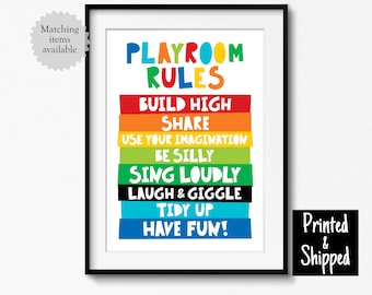 May include: A colorful printable poster with the text "Playroom Rules" and a list of rules for children: Build High, Share, Use Your Imagination, Be Silly, Sing Loudly, Laugh & Giggle, Tidy Up, Have Fun!