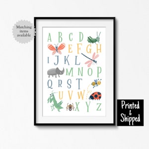 Lindo insecto alfabeto impresión arte de pared para niños pequeños póster de guardería verde ABC decoración dormitorio niños niñas sala de juegos neutral 8x10 11x14 A4 A3 30x40