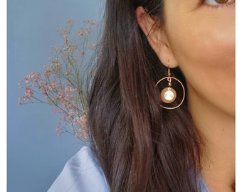 FANETTE- boucles d'oreilles cercle doré plaqué or 18k avec son sequin rond en cuir