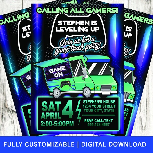 Video Game Truck Birthday Party Invitation, Game Truck Party, Digital File, Fully Customizable, Printable