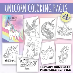 Unicorn Coloring Pages, 40 Printable Unicorn Coloring Pages, Instant Download, Coloring Download, Kids Coloring Book, Classroom Activity
