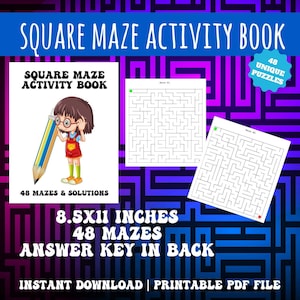 Może przedstawiać: Kwadratowa książka z labiryntami zatytułowana "SQUARE MAZE ACTIVITY BOOK". Zawiera 48 labiryntów i rozwiązań, o wymiarach 21,6 x 27,9 cm. Okładka przedstawia postać z kreskówki trzymającą ołówek. Widoczny jest również tekst "ANSWER KEY IN BACK".