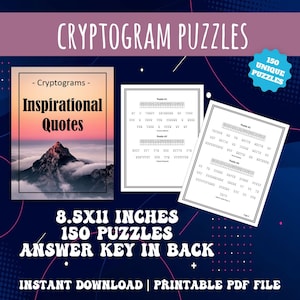 May include: A digital download of cryptogram puzzles. The image shows a book cover with the text "Inspirational Quotes" over a mountain scene, and several pages of puzzles. The text reads "8.5x11 inches, 150 puzzles, answer key in back."