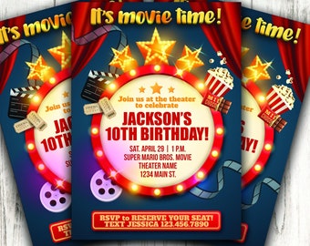 Movie Night Birthday Party Invitation, Movie Theater Invitation, Hollywood Party, Custom Movie Birthday Invitation, Digital Party Invitation