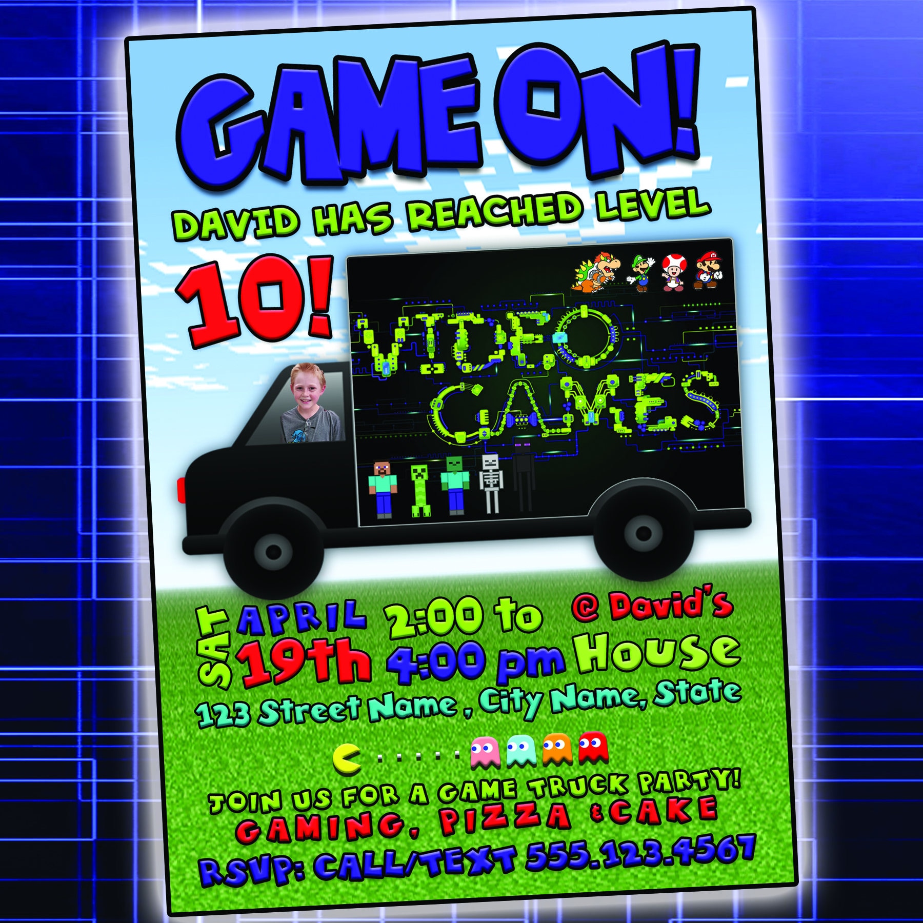 Pixelated Minecraft Style Birthday Invitation, Gamer, Game Truck