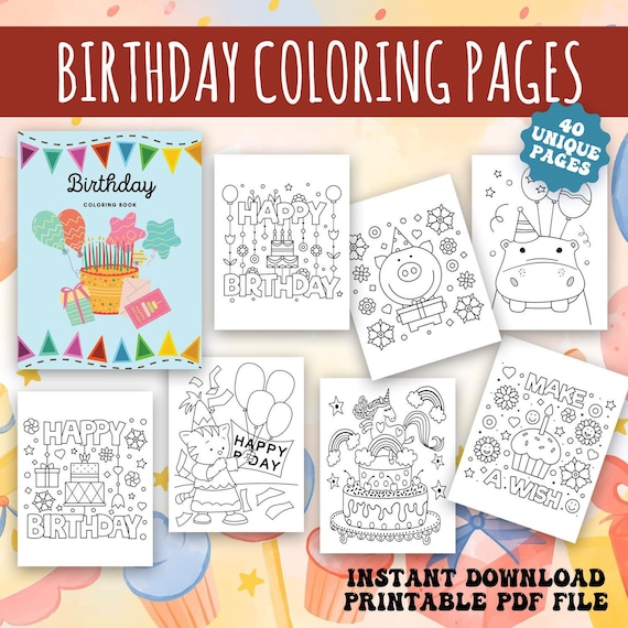 Birthday Coloring Pages 40 Printable Birthday Theme Coloring - Etsy