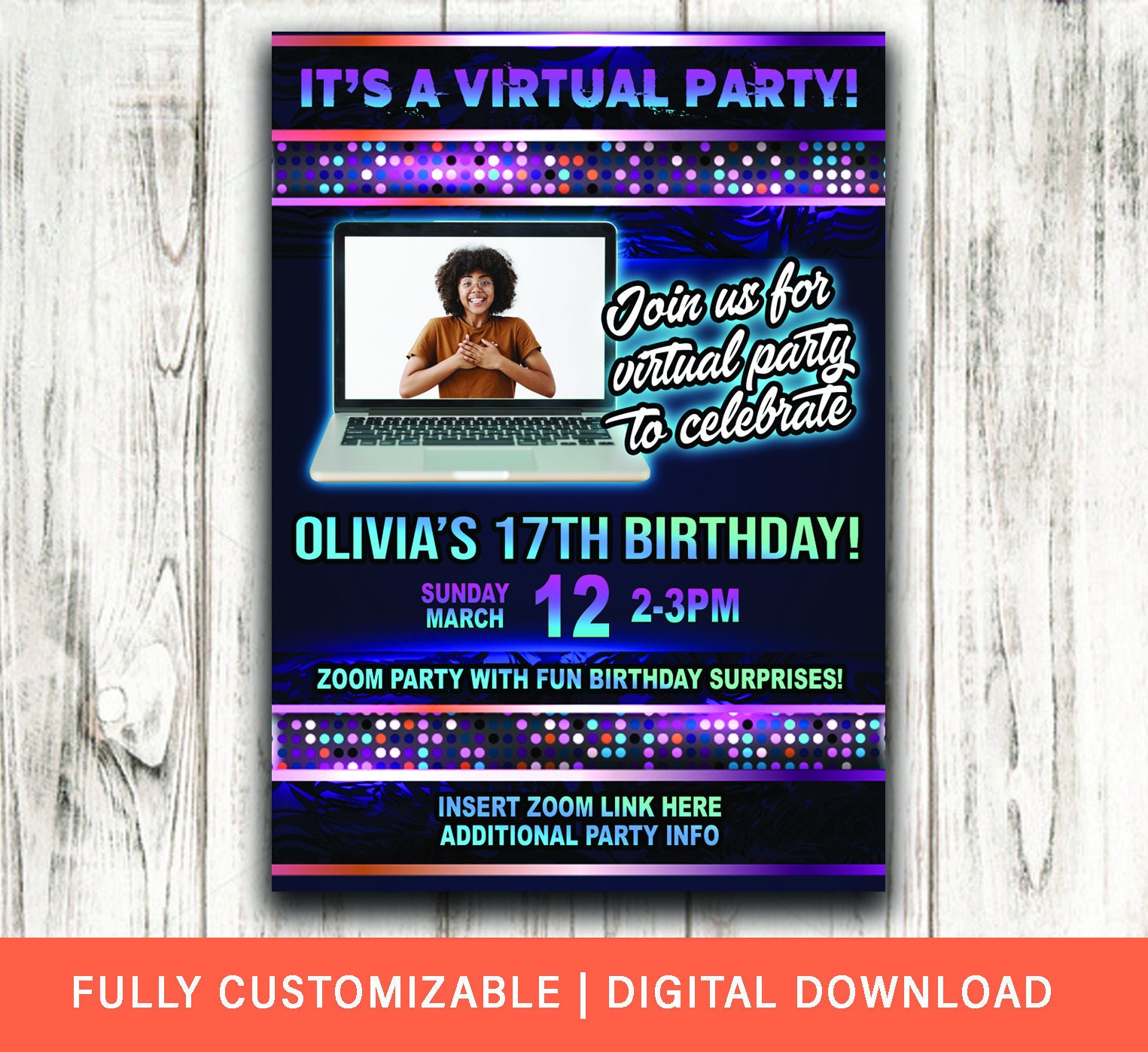 Virtual Party Invitation with Photo Zoom Party Birthday Etsy