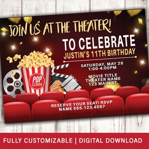 Invito per feste di compleanno per la notte del cinema, Invito al cinema, Festa di Hollywood, Invito di compleanno per film personalizzato