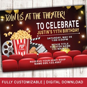 Movie Night Birthday Party Invitation, Movie Theater Invitation, Hollywood Party, Custom Movie Birthday Invitation