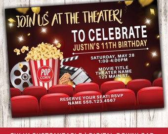 Movie Night Birthday Party Invitation, Movie Theater Invitation, Hollywood Party, Custom Movie Birthday Invitation