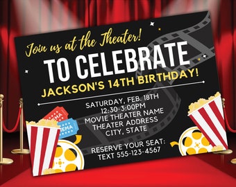Movie Night Birthday Party Invitation, Movie Theater Invitation, Hollywood Party, Custom Movie Birthday Invitation