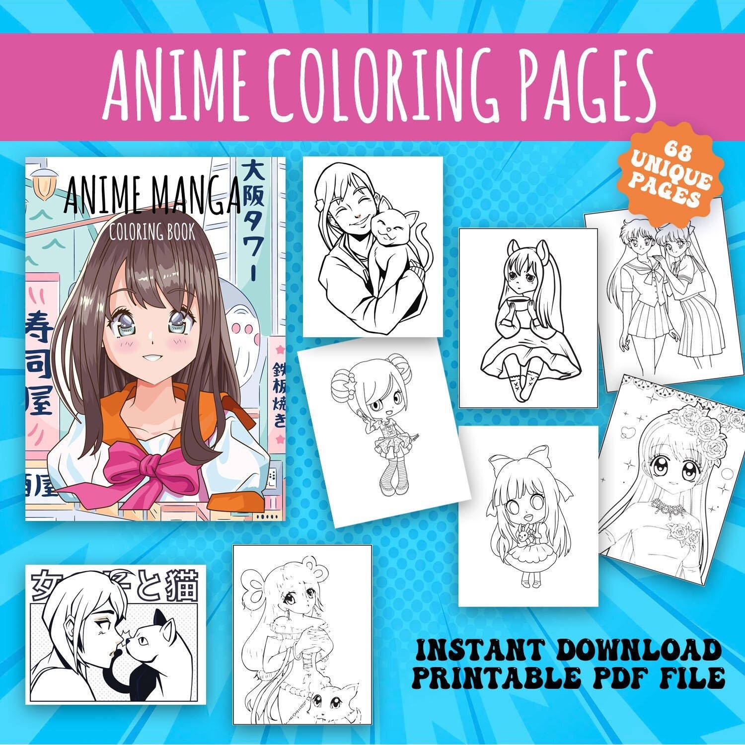 Anime Retro Girls Coloring Book 70 Page Manga Fantasy Anime Coloring Pages  for Adults & Children, Instant Download, Printable PDF 