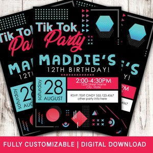 Tik Tok Birthday Party Invitation, Music Birthday Party Invitation, Digital File, Fully Customizable, Printable, Textable