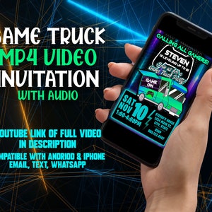VIDEO/AUDIO INVITATION: Video Game Truck Birthday Party Invitation, Game Truck Party, Fully Customizable, MP4 Compatible w/Android & iPhone
