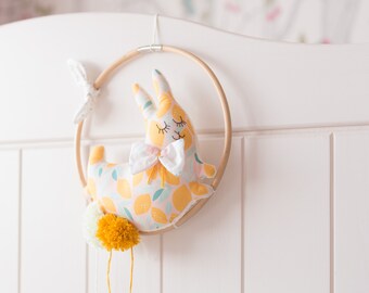 Mobile animals dream dreams baby nursery or children: rabbit PomPoms circle bamboo pastel colors!