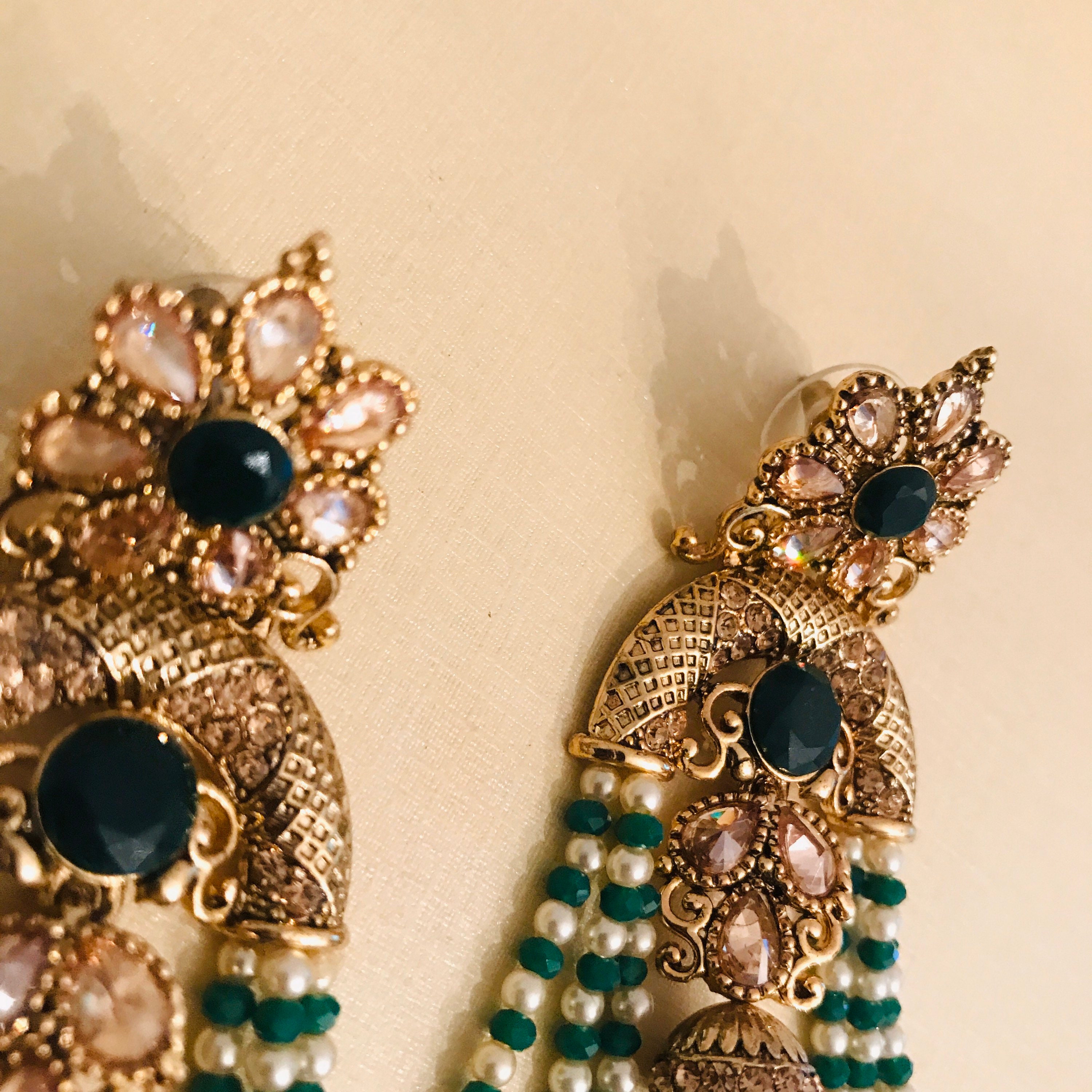 Anika Gold silver pearl bead strand earrings tassel jhumka style