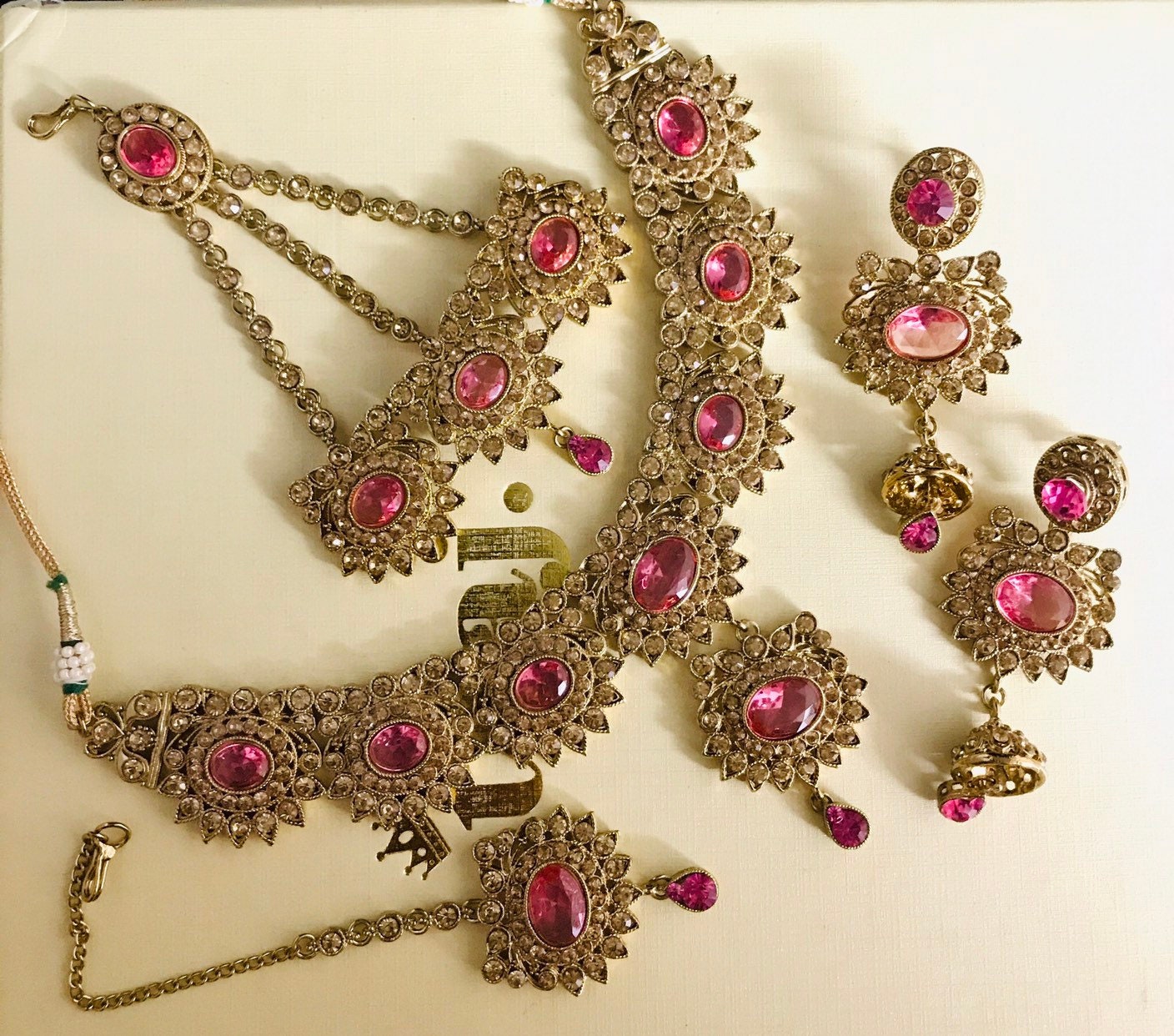 Maci Gold pink diamanté necklace jhumka earrings tikka jhumar set ...