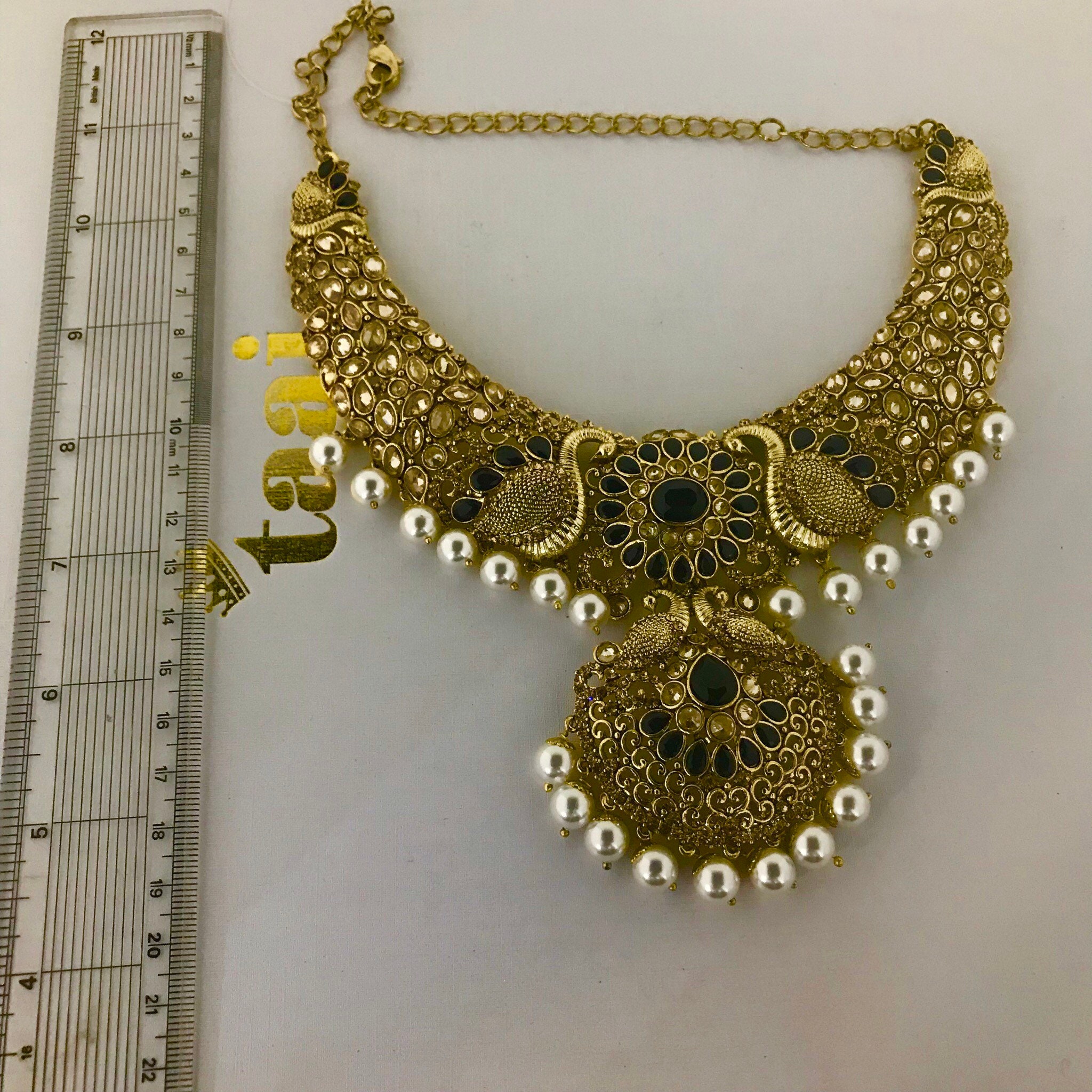 Nisha Gold & black pearl necklace earrings and tikka set, indian bridal ...