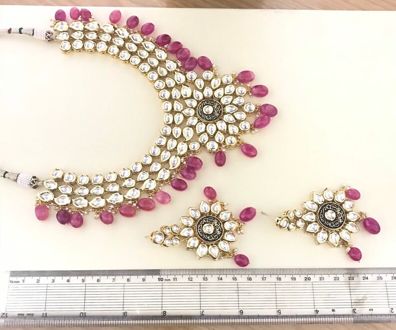 Gold kundan necklace earrings set indian bridal Pakistani style jewellery